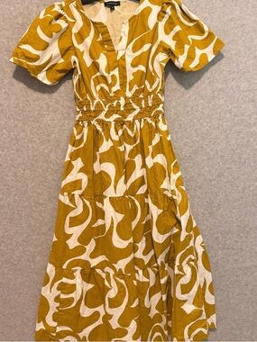 Smocked Waist Mustard & Cream Maxi Dress